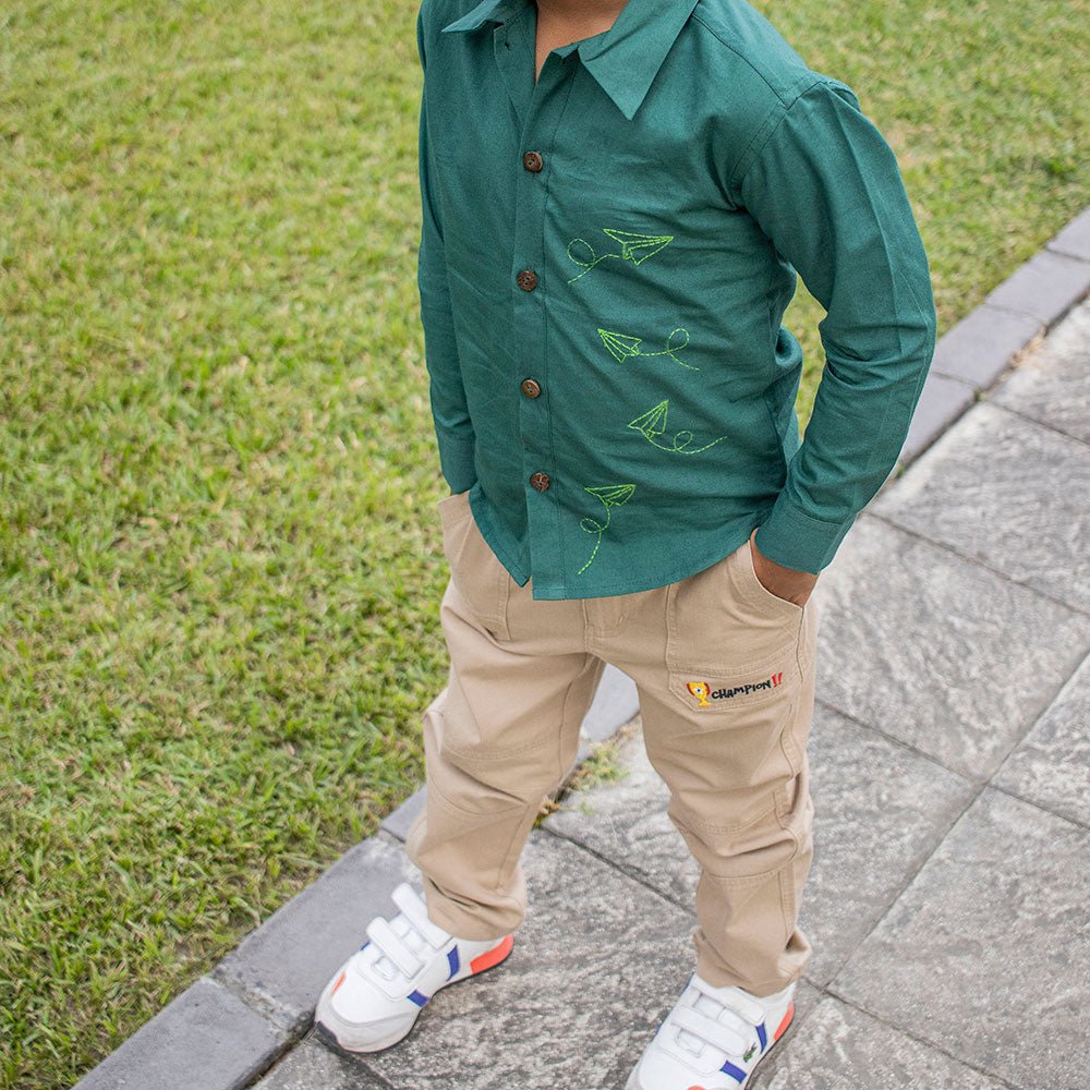 Fly High Embroidered Formal Shirt - Bottle Green - Suspire