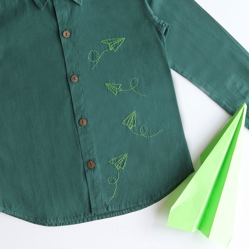 Fly High Embroidered Formal Shirt - Bottle Green - Suspire