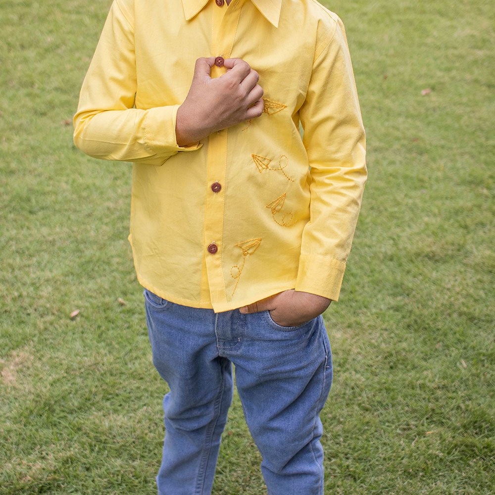 Fly High Embroidered Formal Shirt - Yellow - Suspire