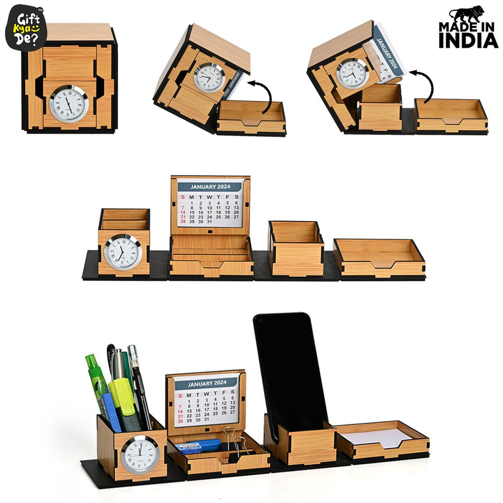 Gift Kya De Foldable All in One Office Desk Organizer With Clock, Calendar 2025 & Mobile Stand | Desk Accessories