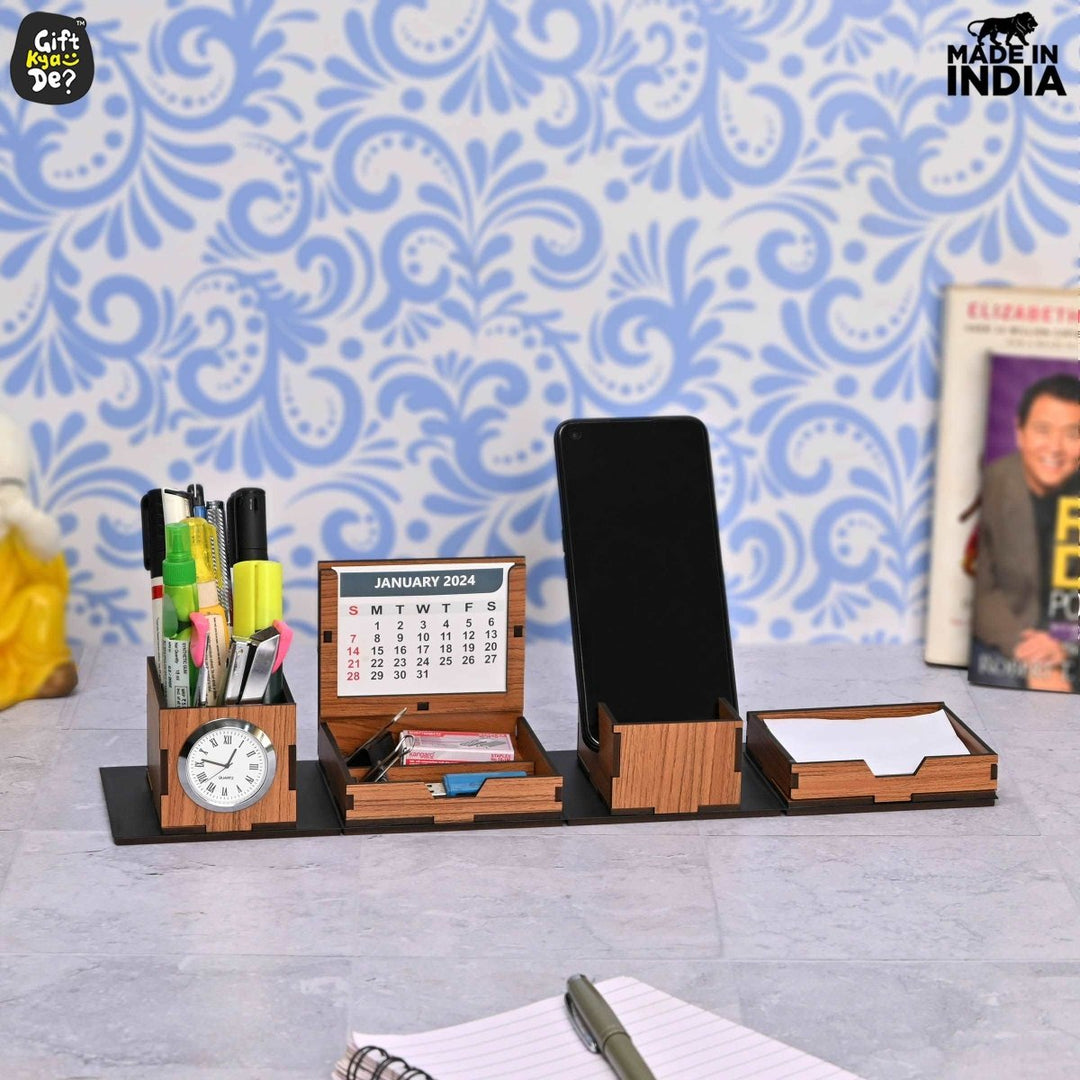 Gift Kya De Foldable All in One Office Desk Organizer With Clock, Calendar 2025 & Mobile Stand | Desk Accessories