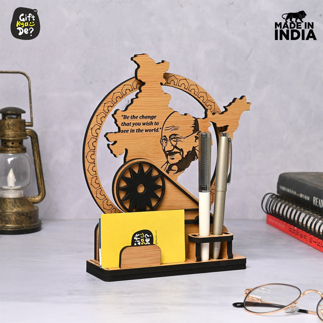 Gift Kya De Political Pen Stand and Card Holder | Gandhi Ji, Ambedkar Ji & Bhagat Singh Ji  | Wise Quotes | Mementos