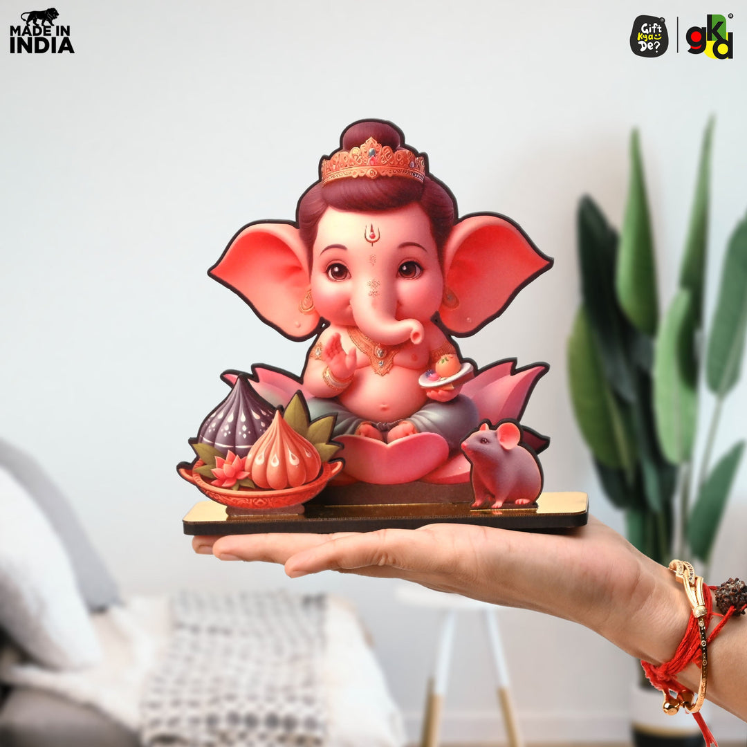 Gift Kya De Lord Ganesh Wooden Table Top Frame with Modak and Mouse | Divine Ganesha Idol for Home, Office & Gift Purposes | Spiritual Home Decor 15 X 13 cm