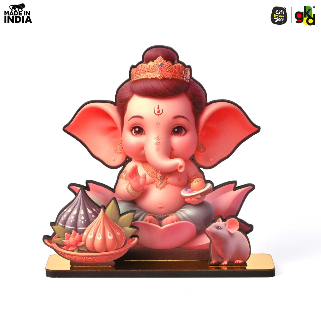 Gift Kya De Lord Ganesh Wooden Table Top Frame with Modak and Mouse | Divine Ganesha Idol for Home, Office & Gift Purposes | Spiritual Home Decor 15 X 13 cm