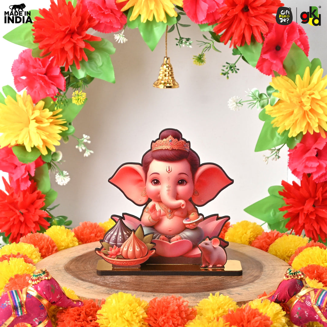 Gift Kya De Lord Ganesh Wooden Table Top Frame with Modak and Mouse | Divine Ganesha Idol for Home, Office & Gift Purposes | Spiritual Home Decor 15 X 13 cm
