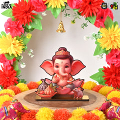 Gift Kya De Lord Ganesh Wooden Table Top Frame with Modak and Mouse | Divine Ganesha Idol for Home, Office & Gift Purposes | Spiritual Home Decor 15 X 13 cm