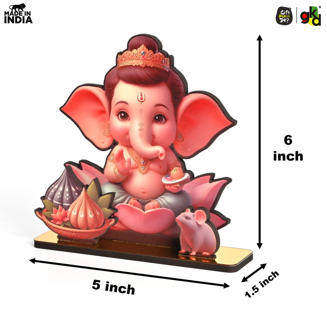 Gift Kya De Lord Ganesh Wooden Table Top Frame with Modak and Mouse | Divine Ganesha Idol for Home, Office & Gift Purposes | Spiritual Home Decor 15 X 13 cm