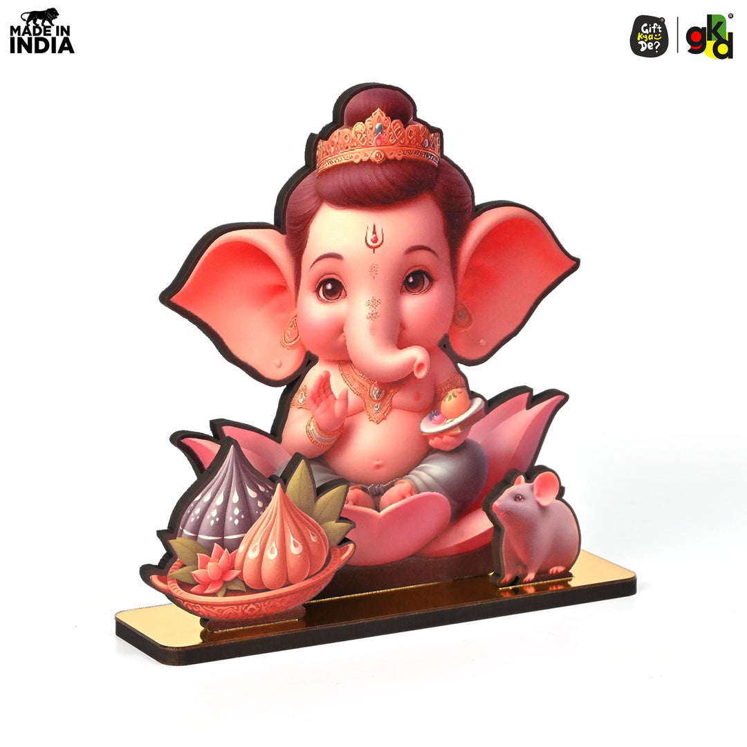 Gift Kya De Lord Ganesh Wooden Table Top Frame with Modak and Mouse | Divine Ganesha Idol for Home, Office & Gift Purposes | Spiritual Home Decor 15 X 13 cm