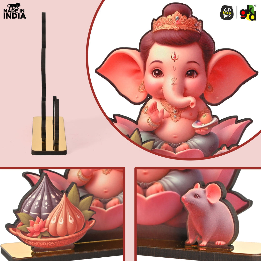 Gift Kya De Lord Ganesh Wooden Table Top Frame with Modak and Mouse | Divine Ganesha Idol for Home, Office & Gift Purposes | Spiritual Home Decor 15 X 13 cm