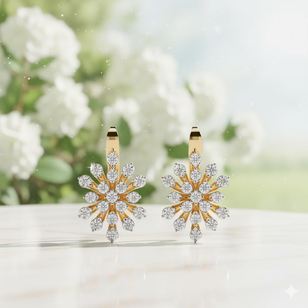 Diamond By Tilesh Snowflake-Inspired Diamond Earrings – Round Brilliant Cut