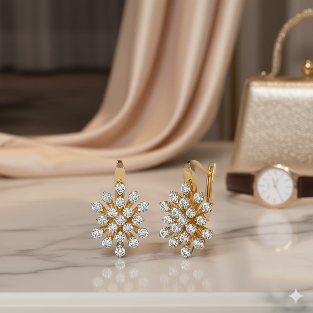 Diamond By Tilesh Snowflake-Inspired Diamond Earrings – Round Brilliant Cut