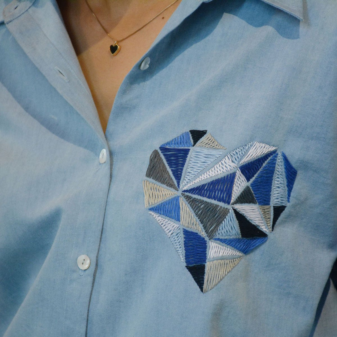 Geometric Heart Embroidered Denim Women Shirt - Suspire