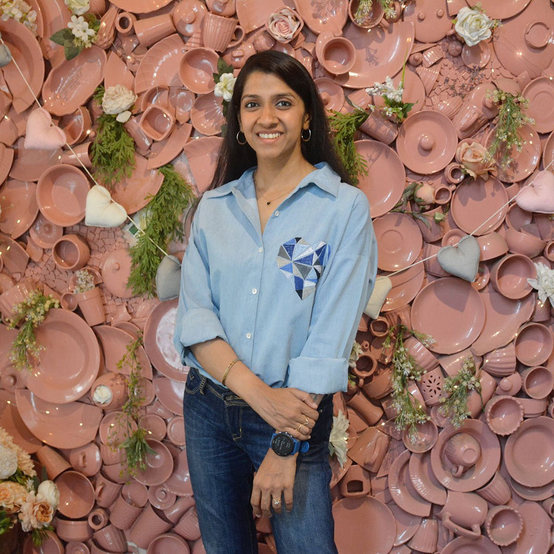 Geometric Heart Embroidered Denim Women Shirt - Suspire