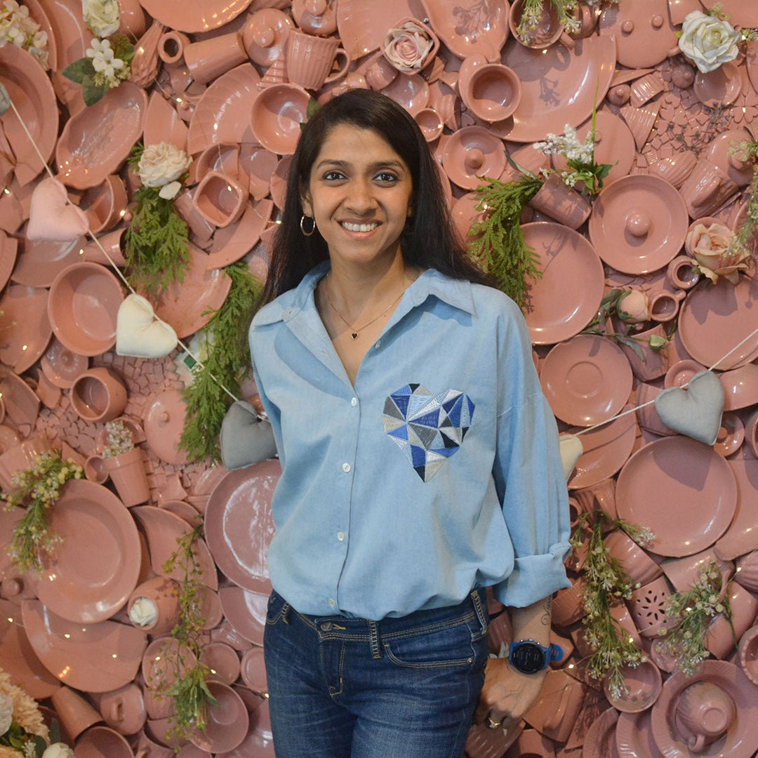 Geometric Heart Embroidered Denim Women Shirt - Suspire