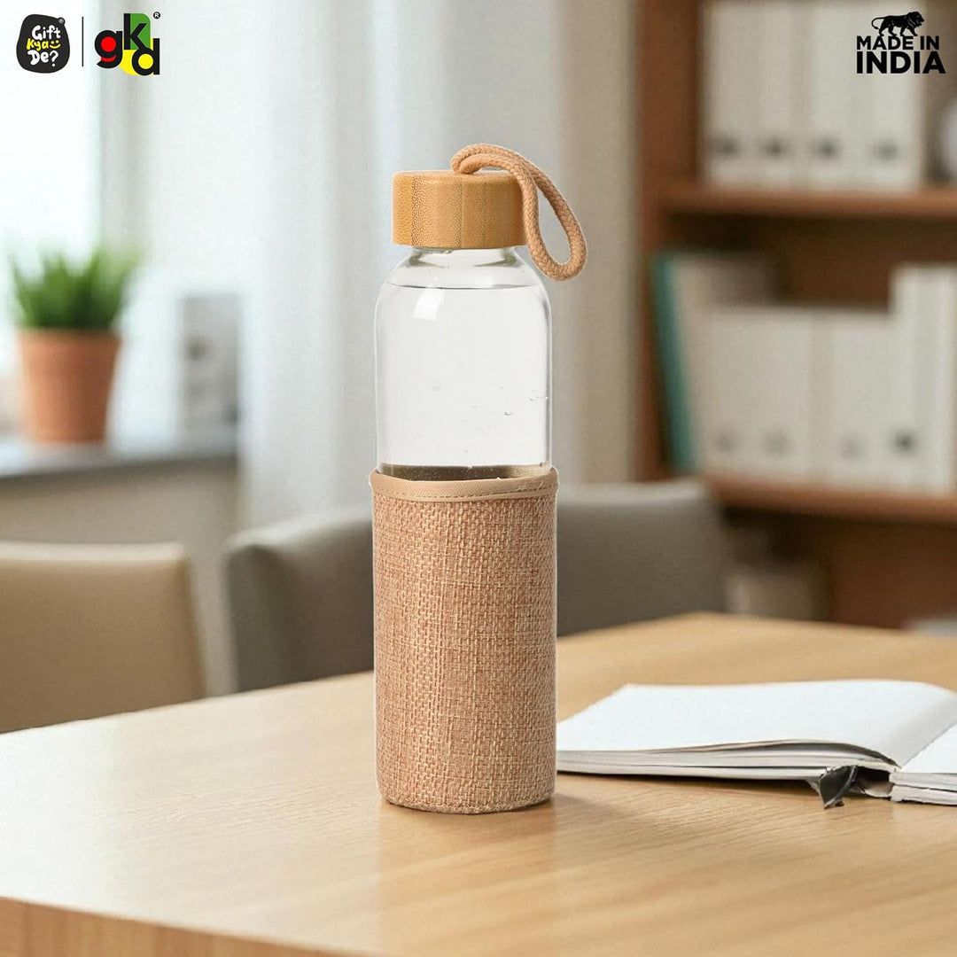Glass Water Bottle with Bamboo Spill - Proof Cap & Jute Sleeve 450 ML | Eco - Friendly & Reusable | BPA Free | Leak - Proof | Travel Friendly | Made in India - Suspire