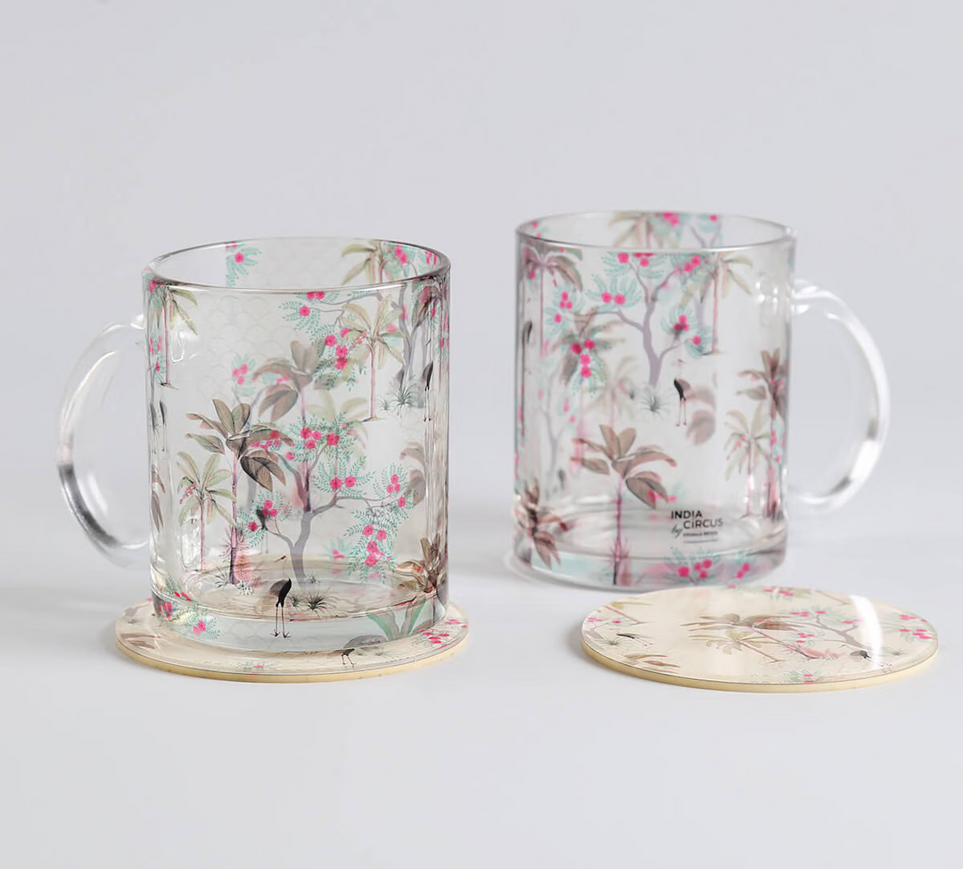 Floral flock Glass Mugs & Coasters Combo Set of 2