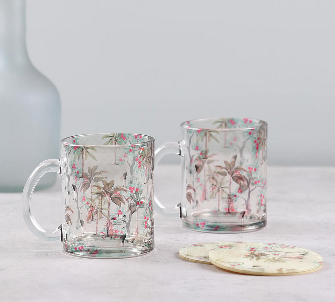 Floral flock Glass Mugs & Coasters Combo Set of 2