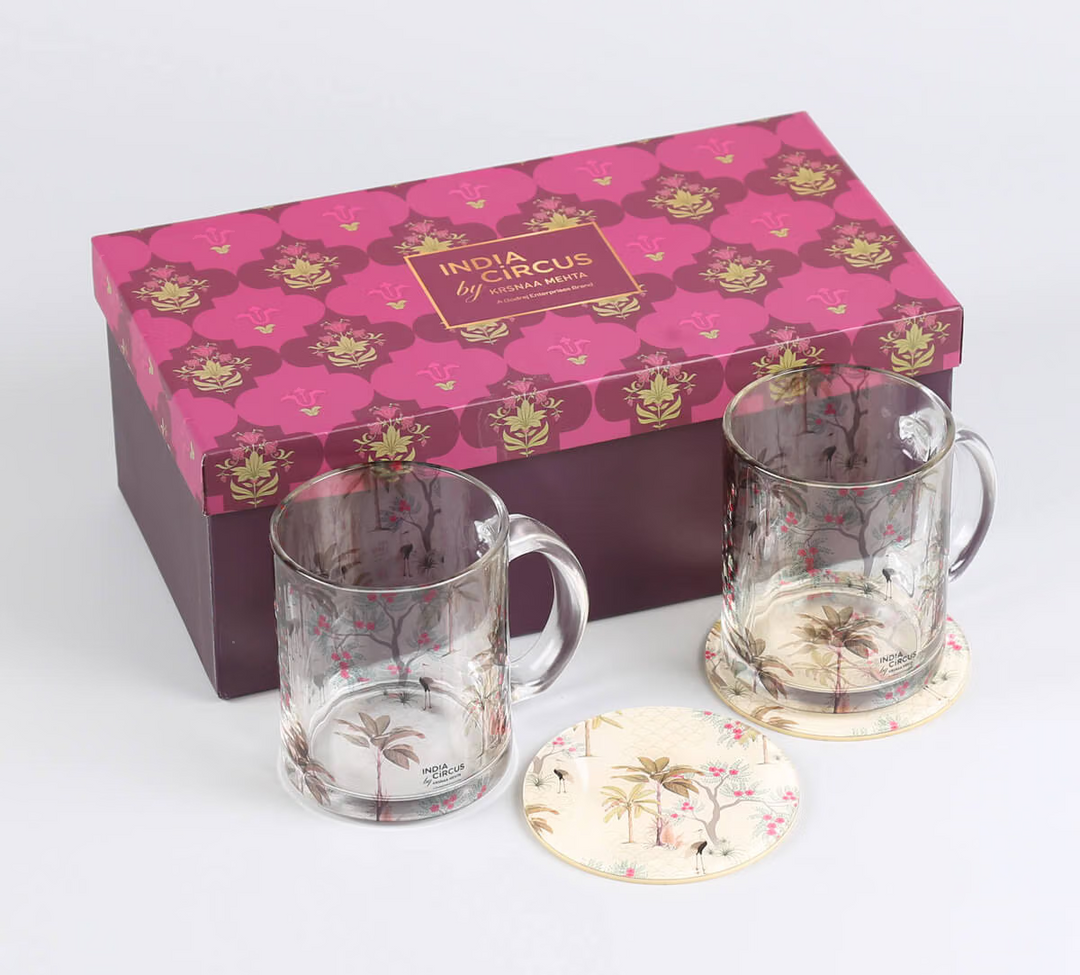 Floral flock Glass Mugs & Coasters Combo Set of 2