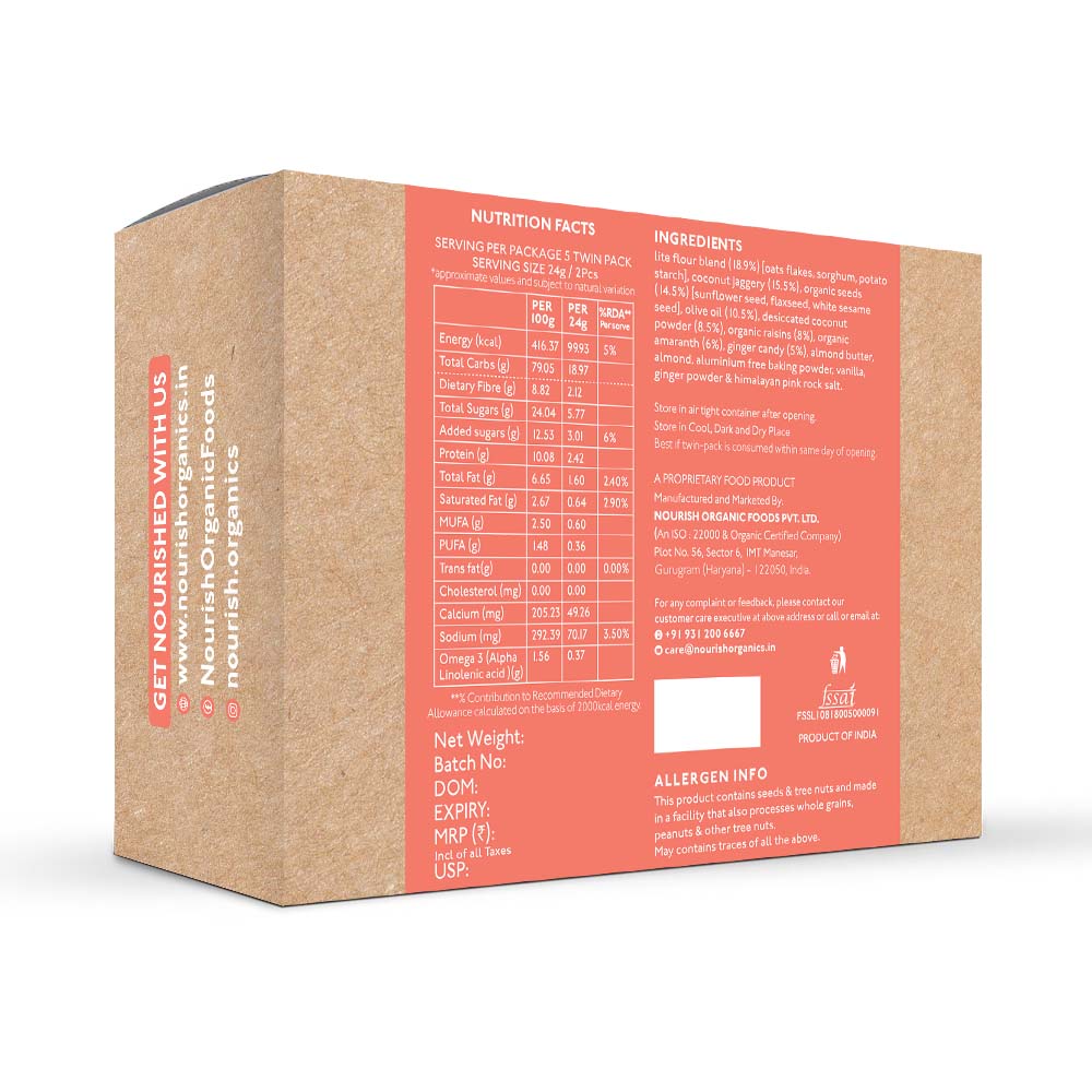 Nourish Organics Ginger Oats Cookies (Pack of 5x2) - Wheat-Free