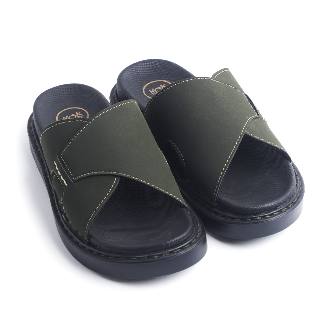 Monkstory Cosmopolitan Cross Panel Chunky Slides – Olive Green
