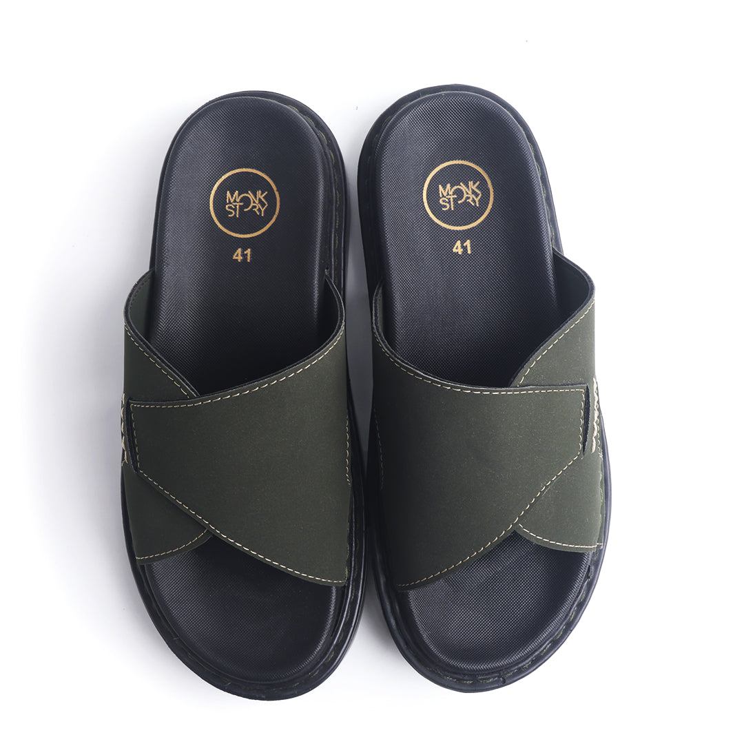 Monkstory Cosmopolitan Cross Panel Chunky Slides – Olive Green