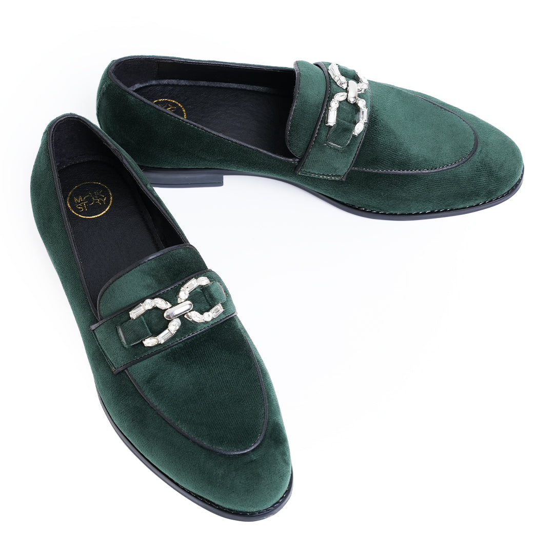 Monkstory Velvet Crystal Bit Loafers – Royal Green