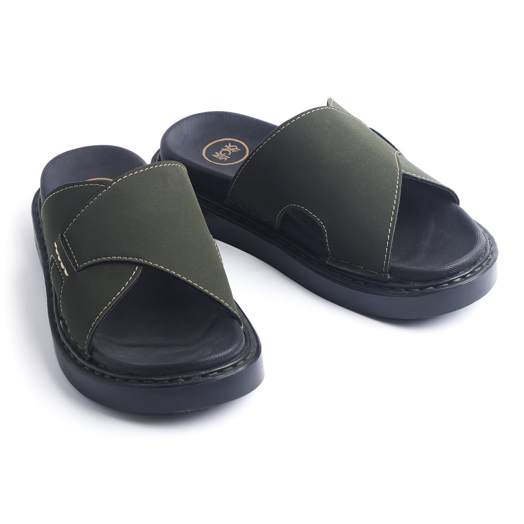 Monkstory Cosmopolitan Cross Panel Chunky Slides – Olive Green