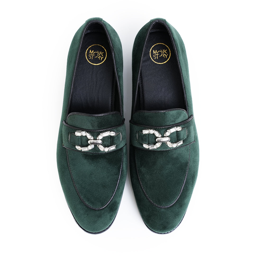 Monkstory Velvet Crystal Bit Loafers – Royal Green