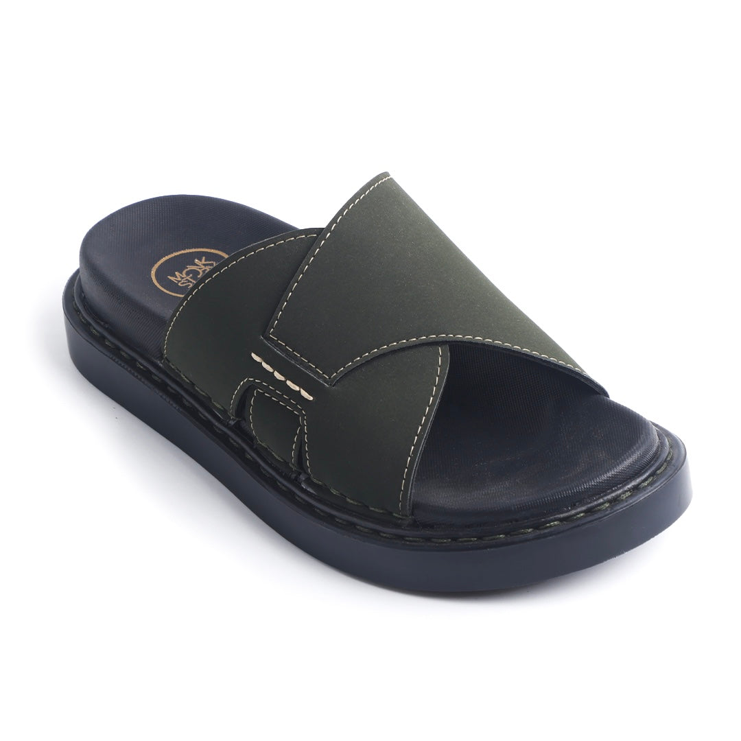 Monkstory Cosmopolitan Cross Panel Chunky Slides – Olive Green