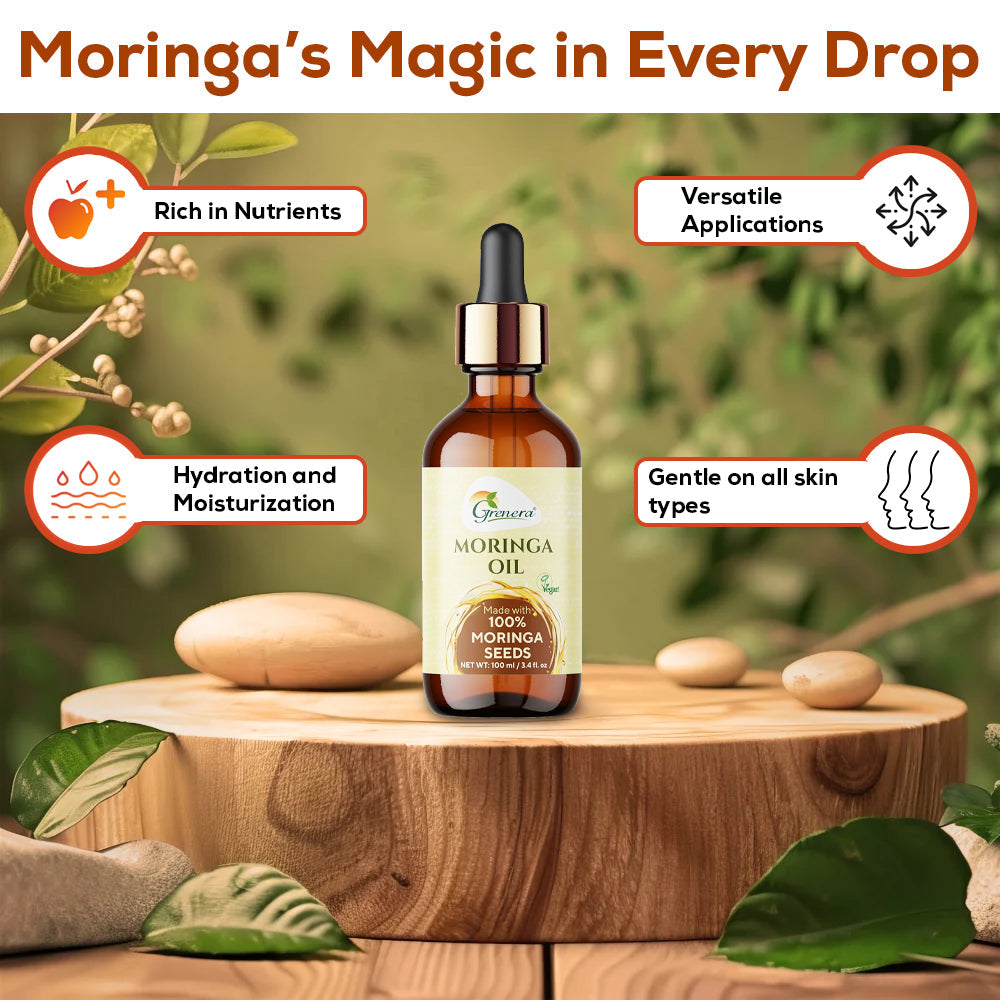 Grenera Moringa Oil 100 ml Cold Pressed Extra Virgin for Hair Growth, Skin Care and Anti-Ageing