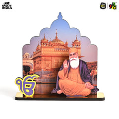Gift Kya De Guru Nanak Dev Ji & Guru Gobind Singh Ji Wooden Table Top Idols with Golden Temple Background | Spiritual Decor for Home & Office | Sikh Religious Gift