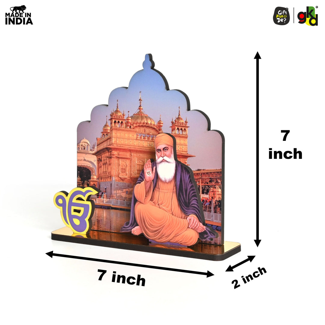 Gift Kya De Guru Nanak Dev Ji & Guru Gobind Singh Ji Wooden Table Top Idols with Golden Temple Background | Spiritual Decor for Home & Office | Sikh Religious Gift