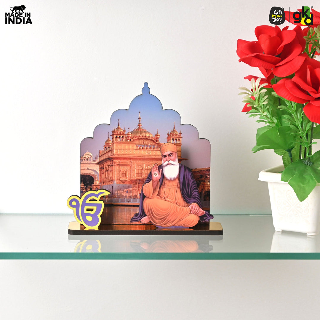 Gift Kya De Guru Nanak Dev Ji & Guru Gobind Singh Ji Wooden Table Top Idols with Golden Temple Background | Spiritual Decor for Home & Office | Sikh Religious Gift