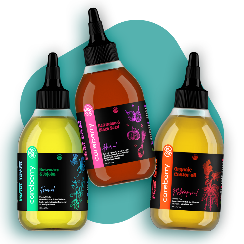 Careberry 's Organic Hair Care Power Trio: Red Onion & Black Seed, Rosemary & Jojoba, Castor Oil Combo (Pack of 3 - 200ml Each)