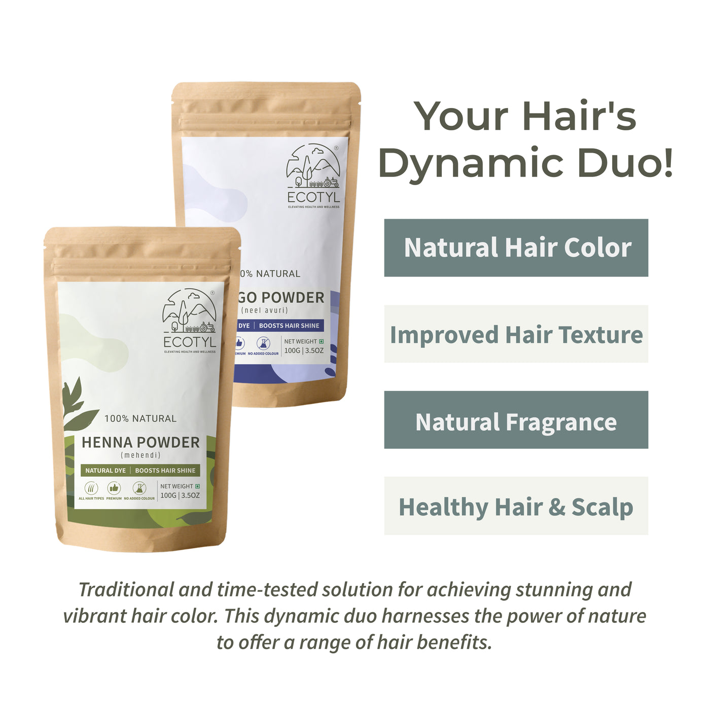 Ecotyl Hair Colour Combo - Henna Powder and Indigo Powder | Natural Hair Dye | 100g Each