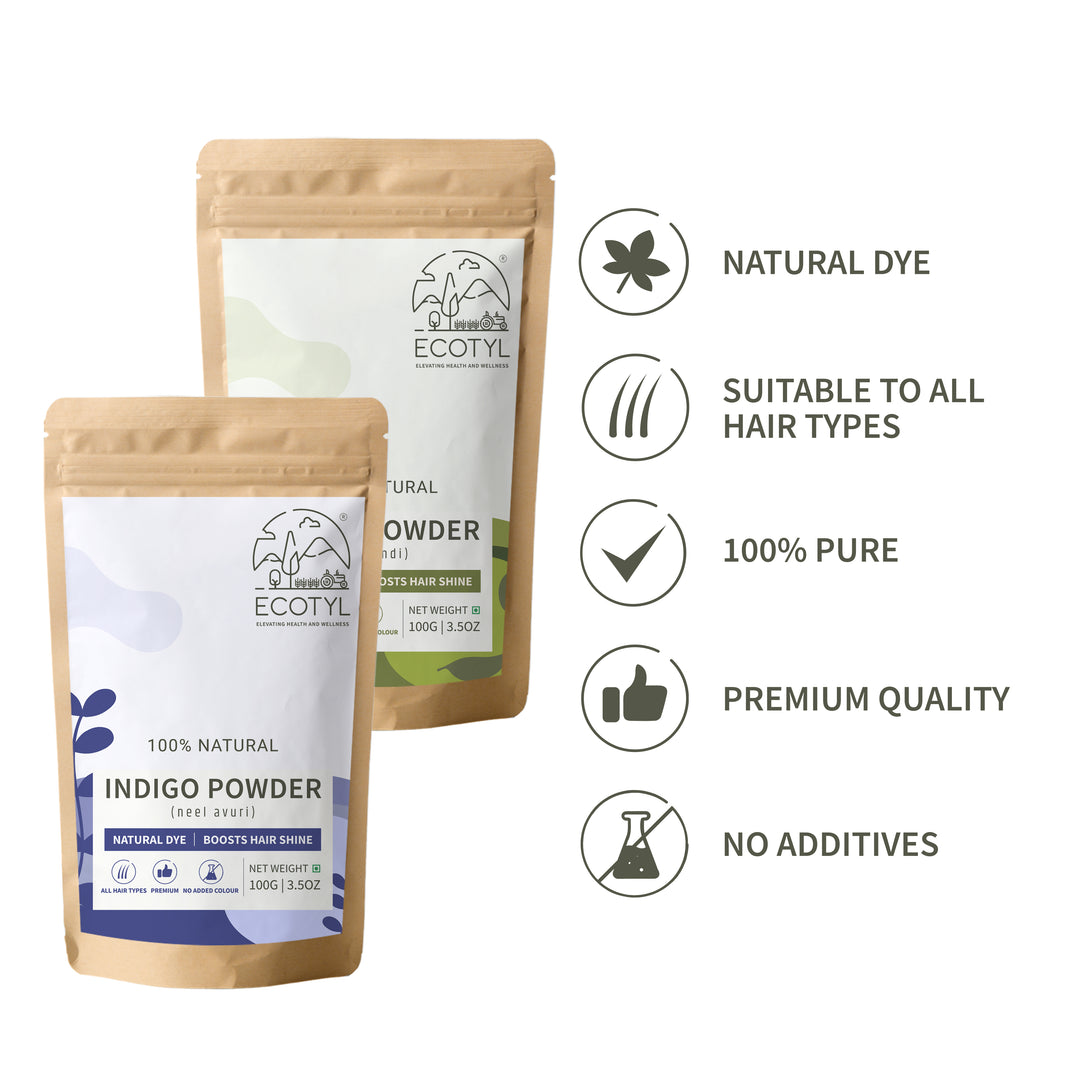 Ecotyl Hair Colour Combo - Henna Powder and Indigo Powder | Natural Hair Dye | 100g Each