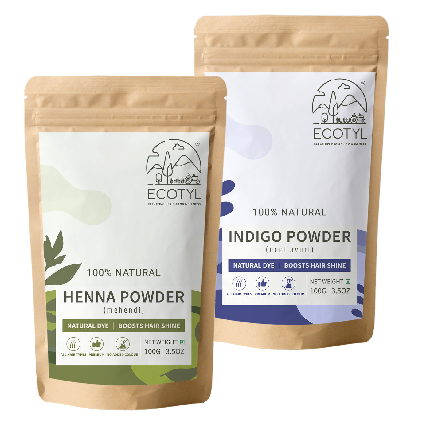 Ecotyl Hair Colour Combo - Henna Powder and Indigo Powder | Natural Hair Dye | 100g Each