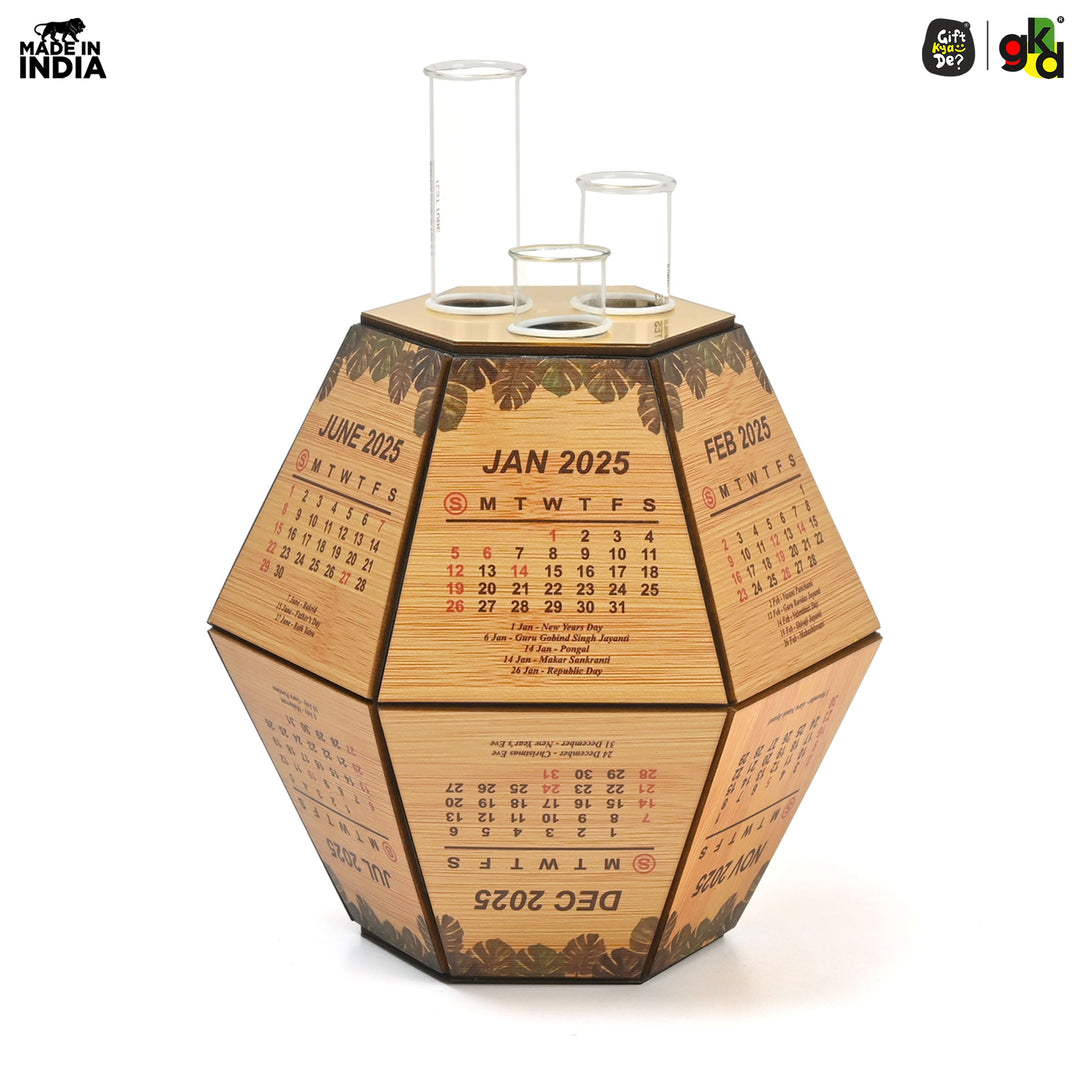 Gift Kya De Test Tube Planter with Wooden Holder / Calendar 2025, Table Top Decor Planters | Hexagon Design | Corporate Gifts