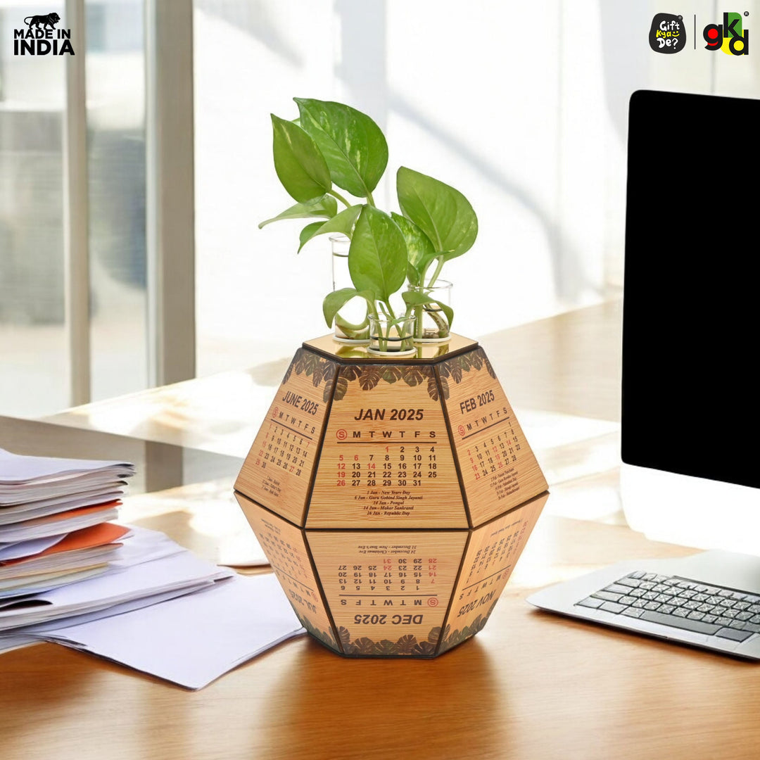 Gift Kya De Test Tube Planter with Wooden Holder / Calendar 2025, Table Top Decor Planters | Hexagon Design | Corporate Gifts