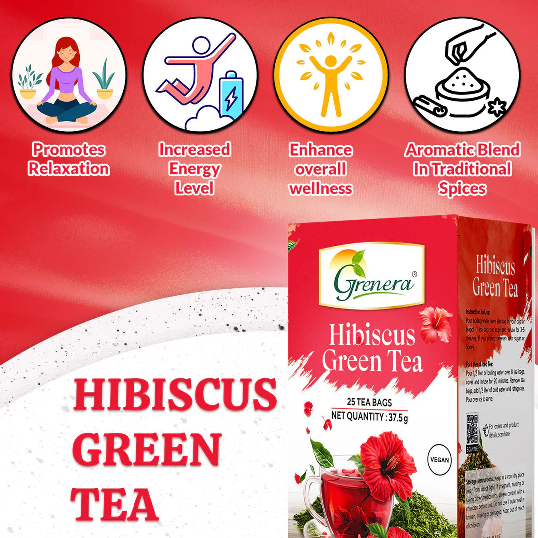 Grenera Hibiscus Green Tea | 25 Staple-Free Tea Bags | Pack of 3