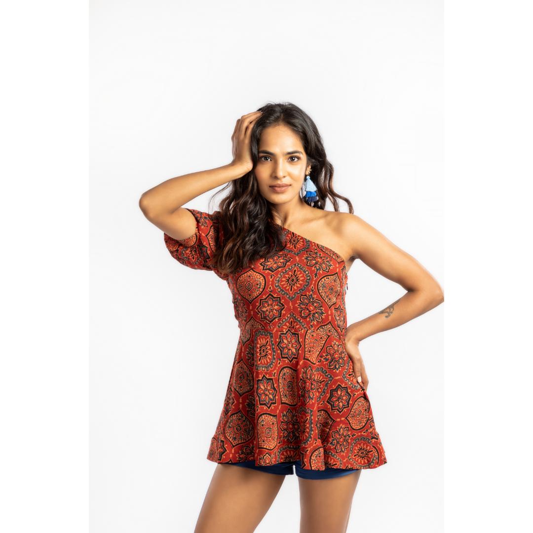 House of Ara Cupro Fabric Ajrakh One Shoulder Top