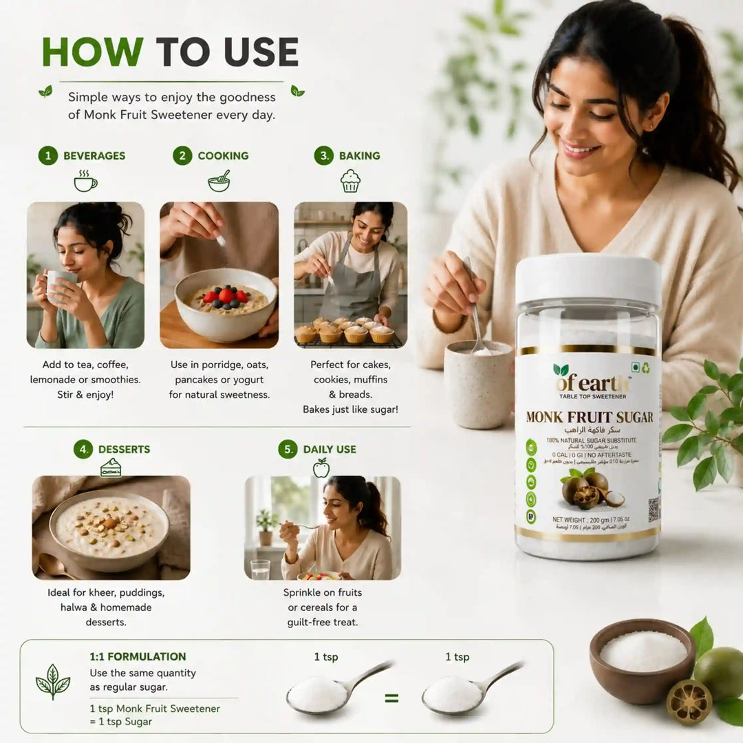 Of Earth Monk Fruit Sweetener With Erythritol | Zero-Glycemic Index, Low Calorie Sugar Substitute | 1:1 Sugar Replacer for Tea, Coffee, Drinks, Cooking & Baking | Plant Based | Keto, Vegan & Diabetic Friendly | 200g