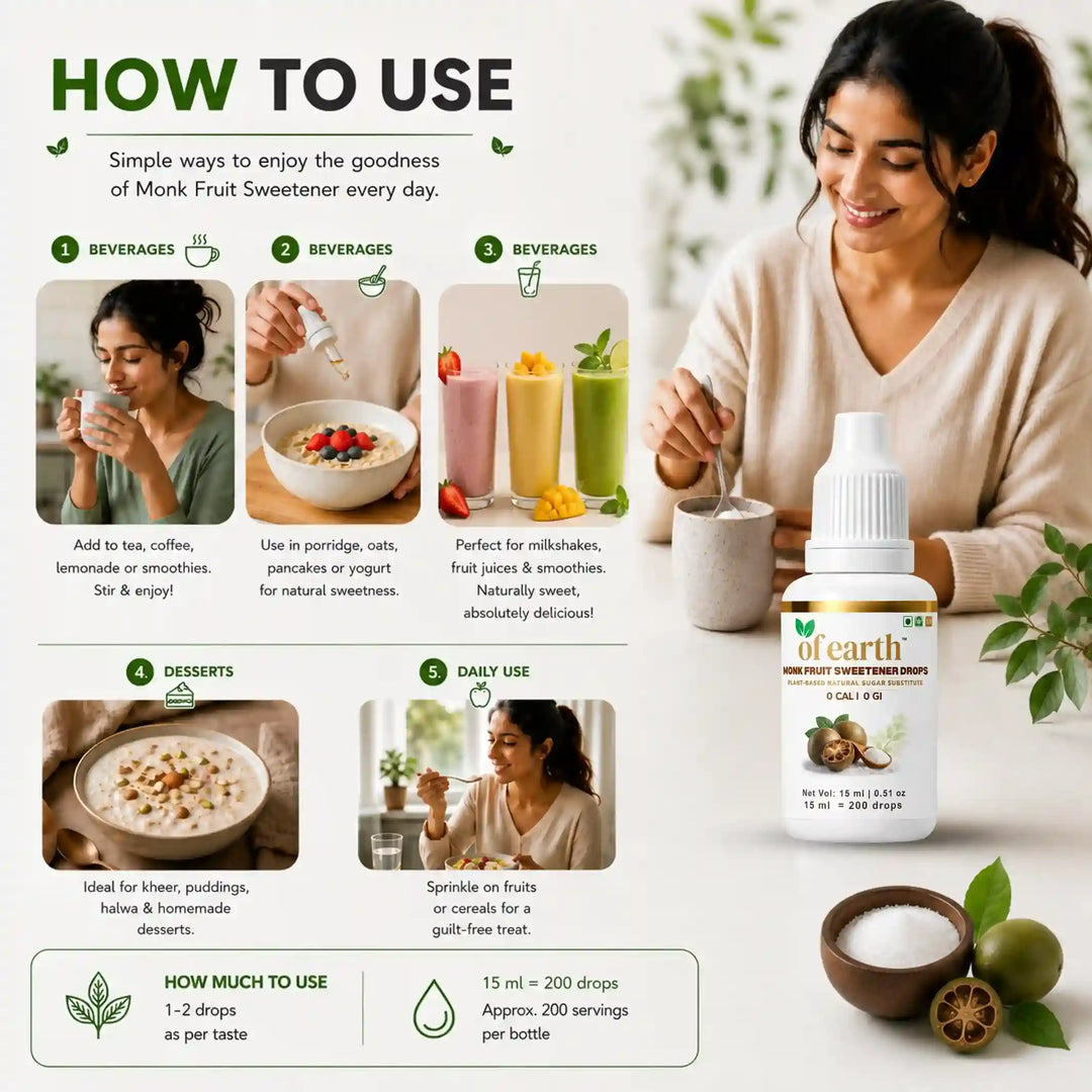 Of Earth Monk Fruit Sweetener | Pure Extract- No Erythritol, No Allulose | Zero- Glycemic Index Sugar Substitute | 1:1 Sugar Replacer for Tea, Coffee, Drinks | Plant-Based | Keto, Vegan & Diabetic Friendly | 1 drop = 1 spoon sugar | 15 ml
