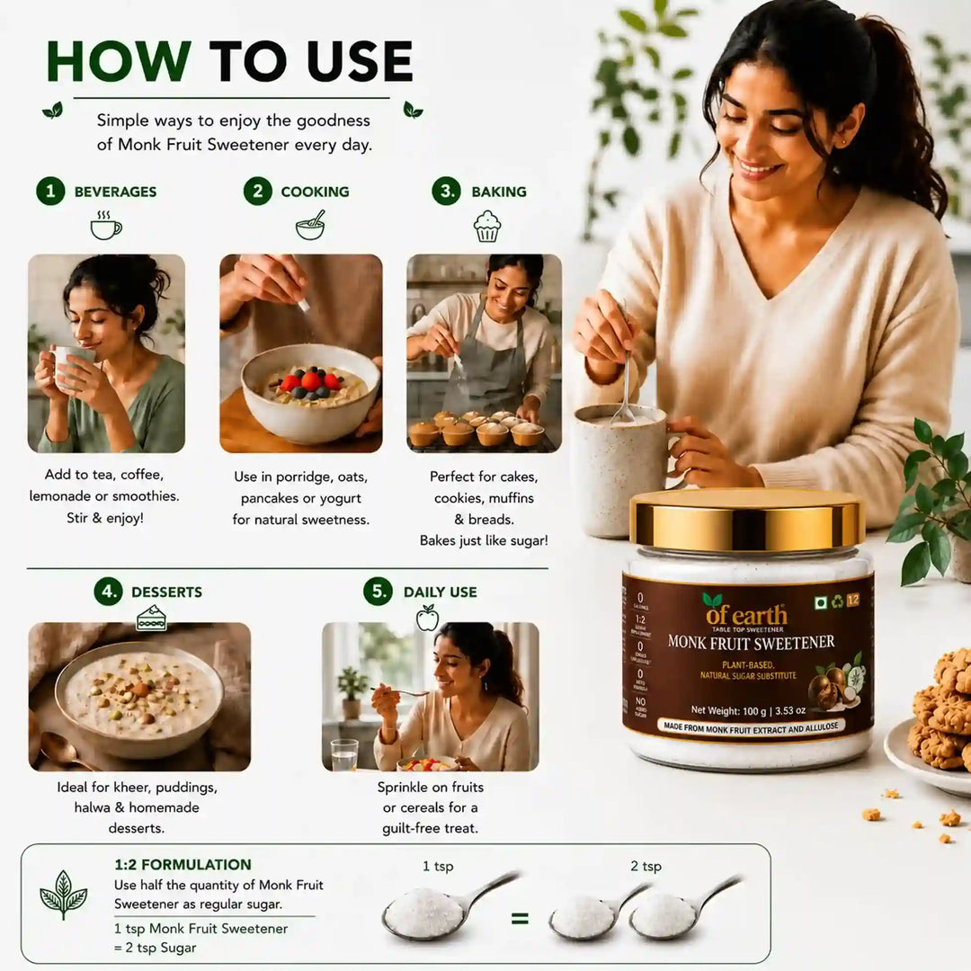 Of Earth Monk Fruit Sweetener With Allulose | Zero-Glycemic Index, Low Calorie Sugar Substitute | EASY 1:2 Sugar Replacement for Tea, Coffee, Cooking & Baking | Plant-Based | Keto, Vegan & Diabetic Friendly | 100g