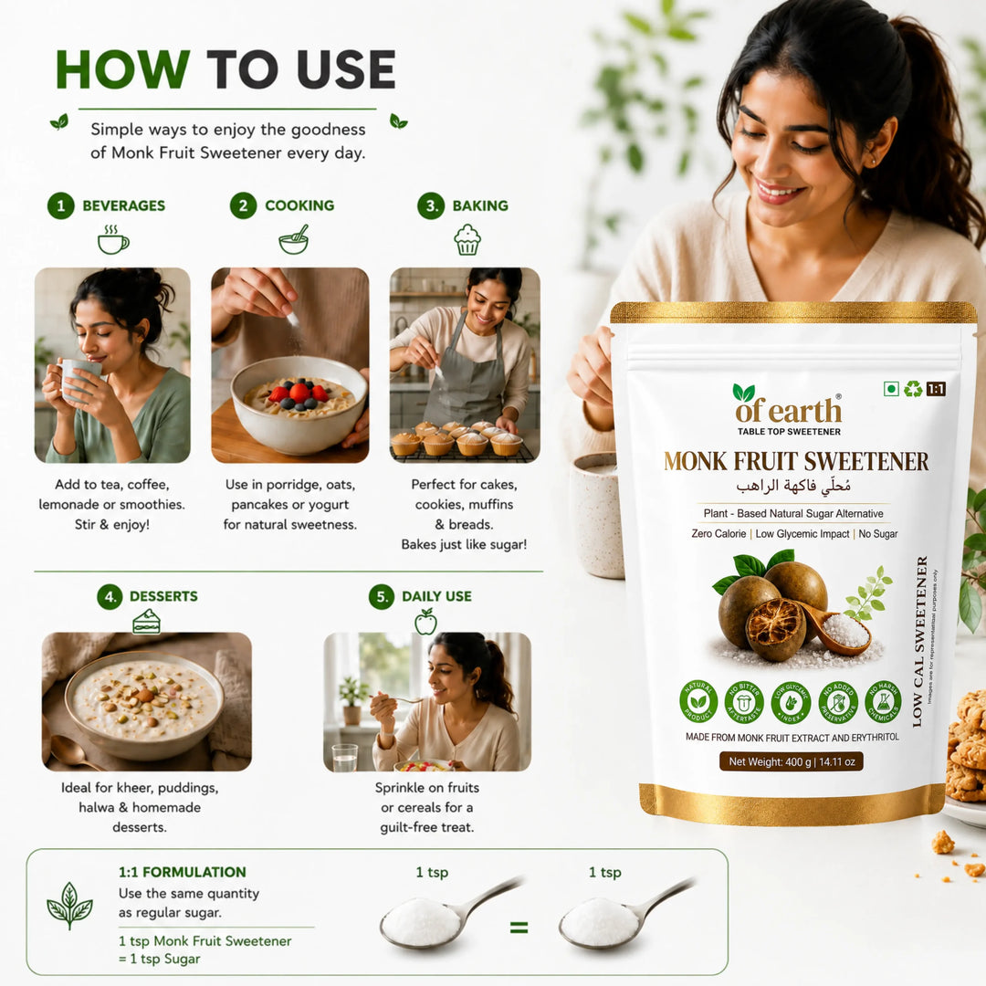 Of Earth Monk Fruit Sweetener With Erythritol | Zero-Glycemic Index, Low Calorie Sugar Substitute | 1:1 Sugar Replacer for Tea, Coffee, Drinks, Cooking & Baking | Plant-Based Monk Fruit Sweetener | Keto, Vegan & Diabetic Friendly | 400g