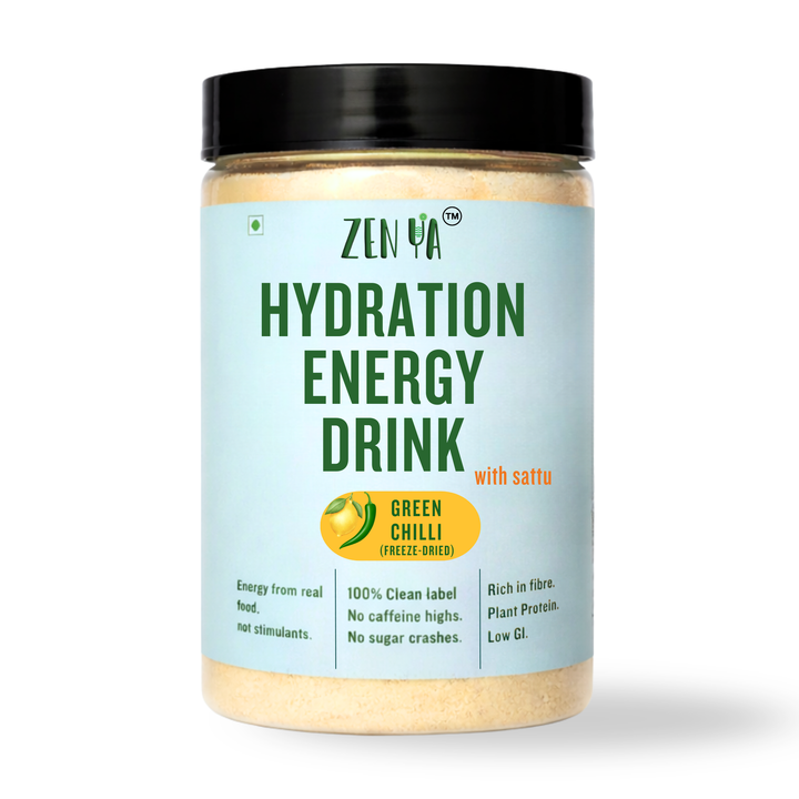Jar of Zen Ya Hydration Energy Drink with Green Chilli flavor on a white background
