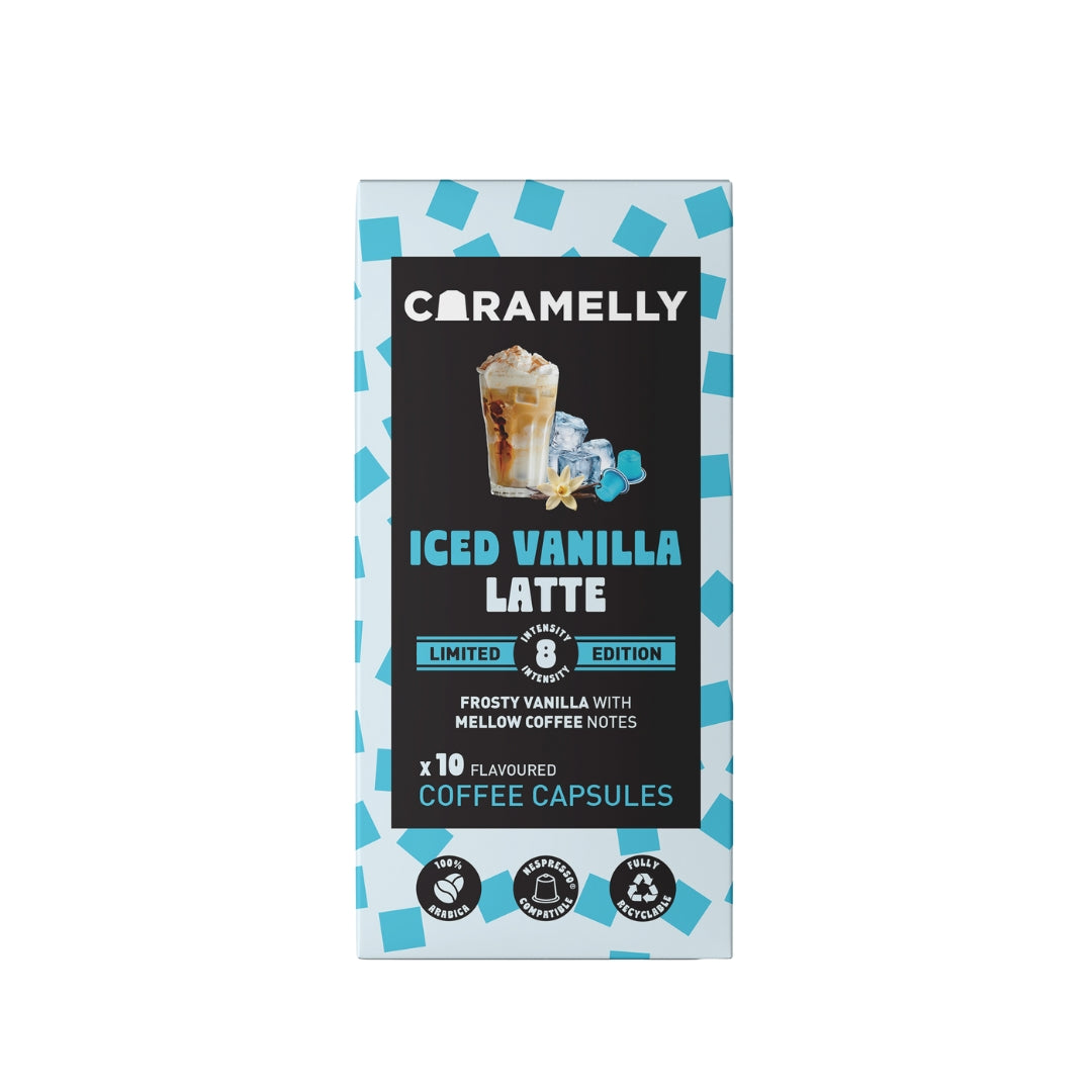 Caramelly Iced Vanilla Latte Flavoured Nespresso Compatible Coffee Capsules, 10 Pods, Intensity - 8 | Limited Edition | Aluminium Coffee Pods | 100% Arabica Coffee