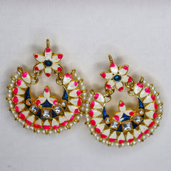 iha Meenakari Chandbali Earrings for Women| Gold Toned Hand Painted | Enamel Flower in Bright Pink and Indigo Blue
