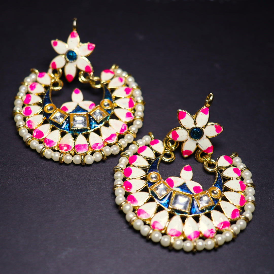 iha Meenakari Chandbali Earrings for Women| Gold Toned Hand Painted | Enamel Flower in Bright Pink and Indigo Blue