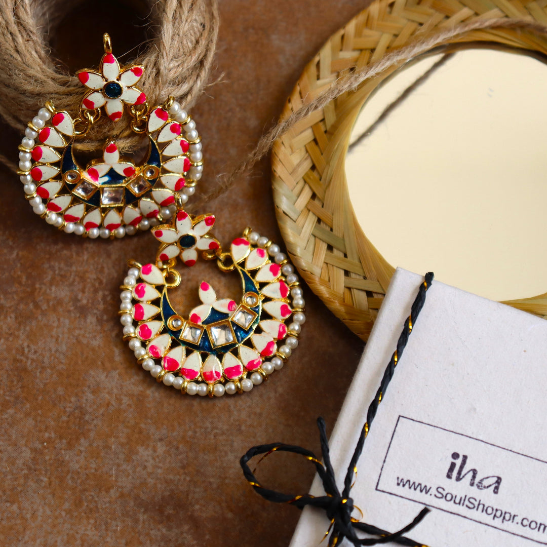 iha Meenakari Chandbali Earrings for Women| Gold Toned Hand Painted | Enamel Flower in Bright Pink and Indigo Blue